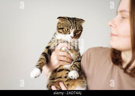 Young woman holding beau chat sur fond blanc Banque D'Images