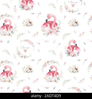 Aquarelle cute cartoon petit bébé et maman flamingo avec couronne de fleurs motif transparent tissu tropical. arrière-plan. La mère et l'enfant design. Animal Banque D'Images