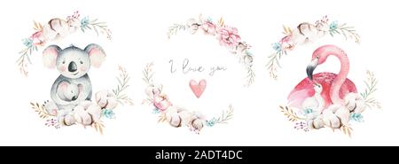Aquarelle cute cartoon illustration avec maman et bébé mignon flamingo, feuilles de fleurs. Mère et bébé oiseau illustration design. Maman oiseau tropical Banque D'Images