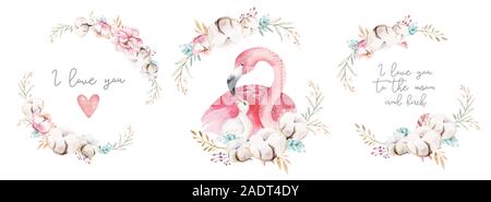 Aquarelle cute cartoon illustration avec maman et bébé mignon flamingo, feuilles de fleurs. Mère et bébé oiseau illustration design. Maman oiseau tropical Banque D'Images