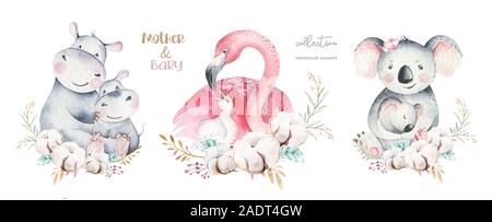 Aquarelle cute cartoon illustration avec maman et bébé mignon flamingo, feuilles de fleurs. Mère et bébé hippopotame illustration design d'oiseaux. Maman Tropical Banque D'Images