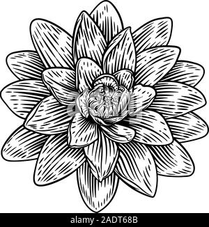 Fleur de Lotus gravure sur bois Gravure gravé Water Lilly Illustration de Vecteur