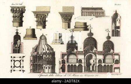 Détails architecturaux de la Basilique Saint Marc Venise, 1823. Section à travers l'église, plan, chapiteaux sculptés, colonnes, etc. Spaccato della Chiesa di S. Marco à Venise. Façade de la Basilique Saint Marc, Venise, 1823. Facciata di S. Marco à Venise. Après Seroux d'Agincourt, l'architecture de 1823. La gravure sur cuivre coloriée par Giarre de Giulio Ferrario Costumes d'antique et moderne des peuples du monde, il Costume Antico e Moderno, Florence, 1844. Banque D'Images