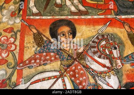 L'Éthiopie, région d'Amhara, Bahir Dar, le Lac Tana, la péninsule de Zege, C 14e Ura Kidane Mehret, dans l'Église Couvent de la miséricorde, Saint George wall painting Banque D'Images