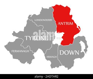 Antrim en surbrillance dans la carte rouge de l'Irlande du Nord Banque D'Images