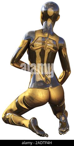 Golden utilisé Android métallique Femme Intelligence Artificielle futuriste 3D Illustration Banque D'Images