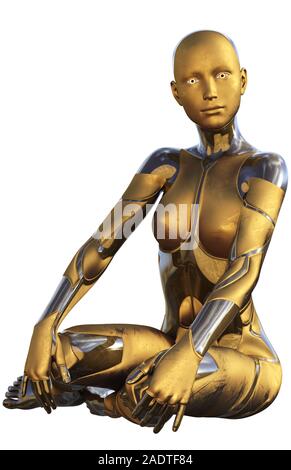 Golden utilisé Android métallique Femme Intelligence Artificielle futuriste 3D Illustration Banque D'Images