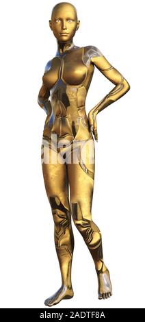 Golden utilisé Android métallique Femme Intelligence Artificielle futuriste 3D Illustration Banque D'Images
