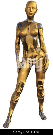 Golden utilisé Android métallique Femme Intelligence Artificielle futuriste 3D Illustration Banque D'Images