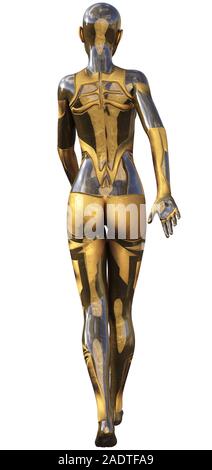Golden utilisé Android métallique Femme Intelligence Artificielle futuriste 3D Illustration Banque D'Images