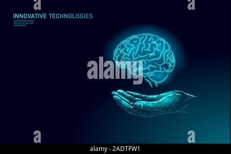 Traitement du cerveau low poly 3D render. Soins de médecine médicament main concept de santé mentale. La réadaptation cognitive dans la maladie d'Alzheimer Center banner Illustration de Vecteur