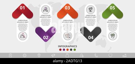 Vector infographic template. Cinq flèches avec des icônes et des étiquettes. Concept d'affaires pour les diagrammes, Organigramme, Graphique, marketing, présentation, l'étape pour Illustration de Vecteur