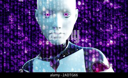 Illustration 3D d'un robot humanoïde appelé communément Android IA Intelligence Artificielle des calculs numériques Banque D'Images