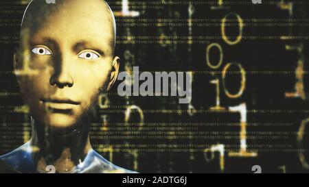 Illustration 3D d'un robot humanoïde appelé communément Android IA Intelligence Artificielle des calculs numériques Banque D'Images