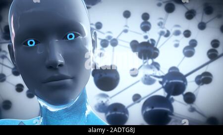 Illustration 3D d'un robot humanoïde appelé communément Android IA Intelligence Artificielle Concept Scientifique Banque D'Images