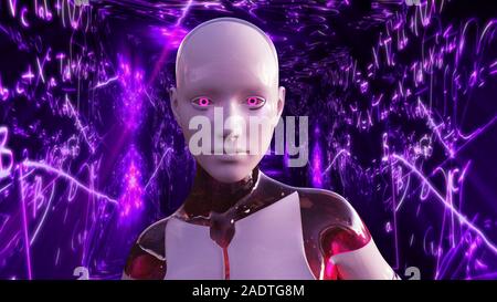 Illustration 3D d'un robot humanoïde appelé communément Android IA Intelligence Artificielle Concept Scientifique Banque D'Images