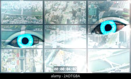 Illustration 3D d'un robot humanoïde appelé communément Intelligence Artificielle Android système Multicam Surveillance Banque D'Images