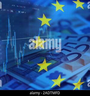 Euro Monnaie européenne. Marché boursier. Marché des devises. Marché de l'euro change. Drapeau européen. Graphique du marché boursier. Cee. 50 euros. Format carré Banque D'Images