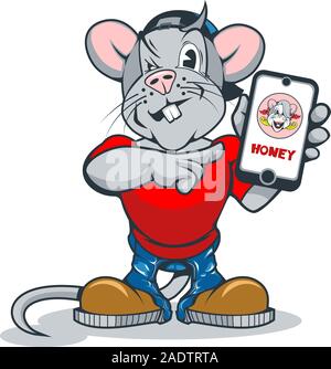 Funny cartoon rat avec un téléphone dans sa main montrant un doigt vers lui Illustration de Vecteur