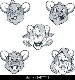 Cinq caractères de rat en cartoon style avec différentes expressions du visage Illustration de Vecteur
