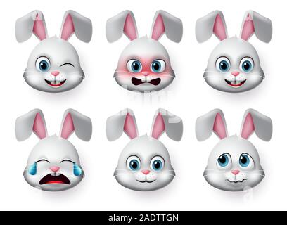 Face lapin émoticône vector set. Bunny Rabbit ou émoticônes et des émotions face à des animaux en colère, pleurer, peur et mignon visages pour caractère. Illustration de Vecteur