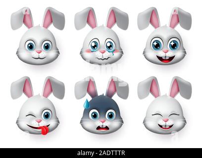 Émoticônes et icônes emoji face lapin vector set. Les lapins bunny animaux visages émoticônes dans naughty, pleurer, enthousiaste, souriant et heureux d'expressions du visage. Illustration de Vecteur