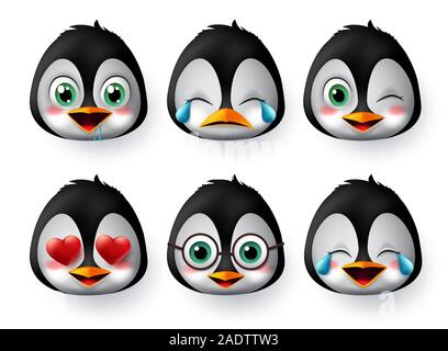 Émoticônes ou émoticônes penguin face vector set. Animaux à emoji pingouins avec dans l'amour, pleurer, rire, mignon et affamé d'expressions du visage. Illustration de Vecteur