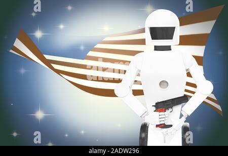 Robot de guerre avec l'arme en face de l'United States of America flag Banque D'Images