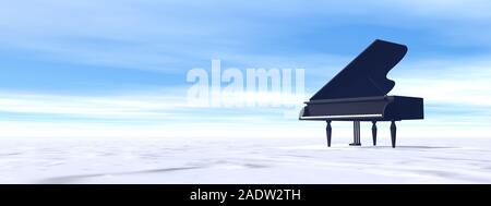 Piano à queue noir classique dans la nature d'hiver - 3D render Banque D'Images