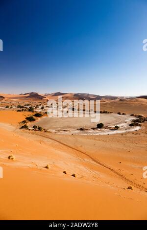 Lac mort et montagnes de dunes, vagues de vents, Sossusvlei, désert de Namib, Parc National de Namib-Naukluft, Namibie, Afrique australe, Afrique Banque D'Images