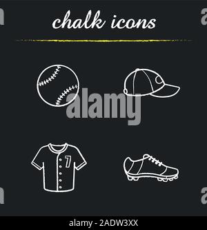 Chalk Ball Icons set. Équipement de softball. Ball, cap, chaussures et t-shirt. Illustrations vectorielles chalkboard Illustration de Vecteur