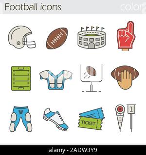 Le football américain color icons set. Casque, épaulière, ball, shorts, hand holding ball, signe objectif, doigt de mousse, de match, arena. Vecteur isolé Illustration de Vecteur