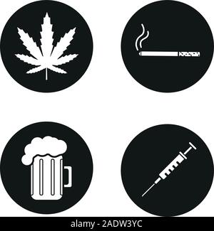 Mauvaises habitudes icons set. Feuilles de marijuana cigarette fumée, avec de la bière mousseuse, seringue, verre. Les drogues, tabac et alcool. Vector silhouettes blanches Illustration de Vecteur