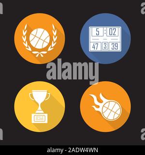 Championnat de basket-ball design plat long shadow icons set. Balle en couronne de laurier, tableau de bord, vainqueur trophée d'or, la combustion de balle. Silhouette Vector illu Illustration de Vecteur