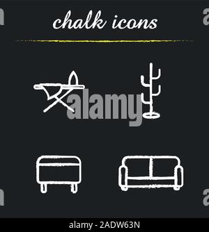 Chalk meubles icons set. Prix les éléments intérieurs. Pouf, table à repasser, hanger stand et canapé. Illustrations vectorielles chalkboard Illustration de Vecteur