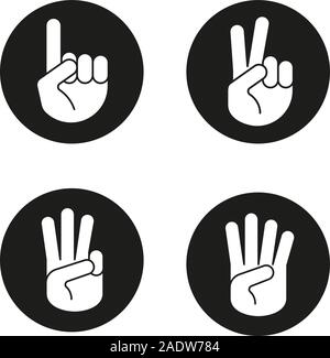 Les gestes de la main icons set. Un, deux, trois et quatre doigts vers le haut. Vector silhouettes blanc illustrations de cercles noirs Illustration de Vecteur