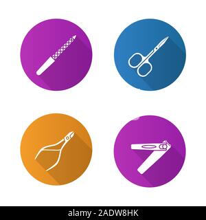 Design plat manucure ombre portée de l'icons set. Pédicure et manucure matériel. Pince Cuticules, Ciseaux, lime à ongles, pincette. Silhouette vecteur illustra Illustration de Vecteur