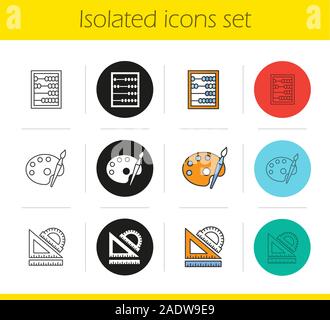 Les icônes de l'éducation. Linéaire, noir et couleurs. Les mathématiques, l'art, de la géométrie des symboles. Les dirigeants de l'école, Abacus, palette avec pinceau. Il vecteur isolé Illustration de Vecteur