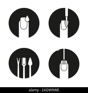 Icons set manucure. Polissage des ongles, poussoir de cuticle trimmer, exfoliant et. Les ongles avec polish drop et pinceau. Vector silhouettes blanches illustrat Illustration de Vecteur