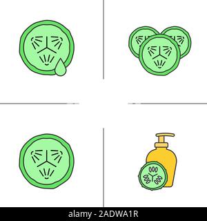 Le concombre en cosmétologie color icons set. Tranches de concombre avec la goutte de jus, masque du visage. Illustrations vectorielles Illustration de Vecteur