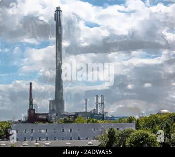 Aquarelle illustration : Vue d'une production combinée de chaleur et d'électricité avec une longue cheminée en face d'un ciel dramatique recouverte de nuages, de l'industrie Banque D'Images