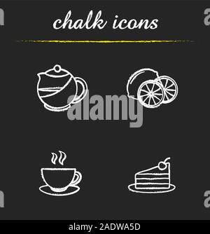 Chalk thé icons set. Morceau de gâteau sur une assiette, tasse fumante, citron, coupé brewing théière infuser. Illustrations vectorielles chalkboard Illustration de Vecteur