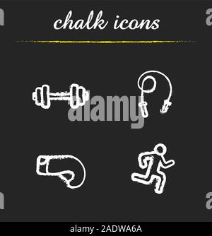 Craie Sport icons set. Corde à sauter, Haltères fitness, gant de boxe, l'homme courant. Illustrations vectorielles chalkboard Illustration de Vecteur