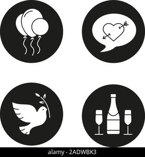 Vacances romantiques icons set. Les ballons d'air, de l'amour, mail dove avec branche d'olivier, champagne. La Journée de la paix, Saint Valentin, fête des symboles. Vector whi Illustration de Vecteur