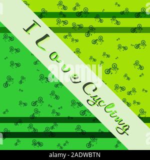 Inscription - J'aime le vélo sur un fond vert avec des vélos. Creative Design pour site web, bannière, présentation, club de vélo. Thème de sports, amate Illustration de Vecteur