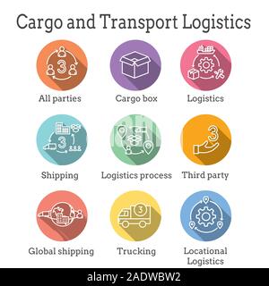 L'icône de la logistique set w bâtiments, de camionnage, d'expédition et les gens fort Illustration de Vecteur