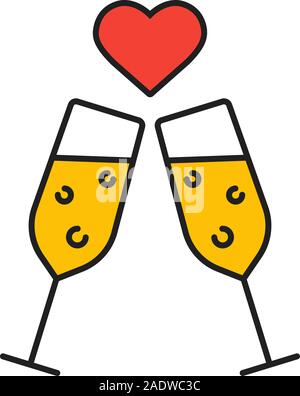 Date de l'icône couleur romantique. Toasting champagne verres avec forme de coeur ci-dessus. Vector illustration isolé Illustration de Vecteur