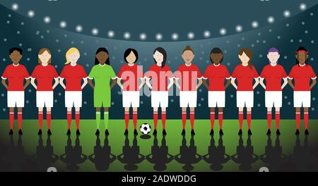 Line up de onze joueuses de soccer multinationales en rouge kit en stade de football. Fichier EPS disponible. Illustration de Vecteur