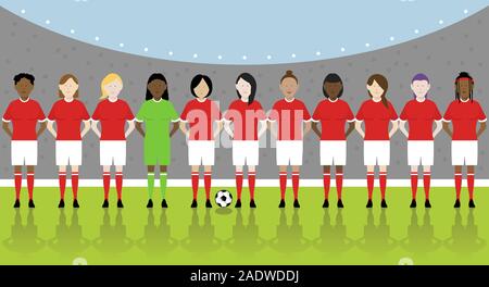Line up de onze joueuses de soccer multinationales en rouge kit sur terrain de football. Fichier EPS disponible. Illustration de Vecteur