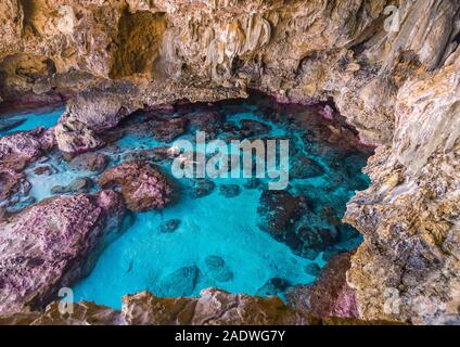 Les touristes en apnée dans le rock les mares d'Avaiki, Pacifique Sud, Niue Banque D'Images